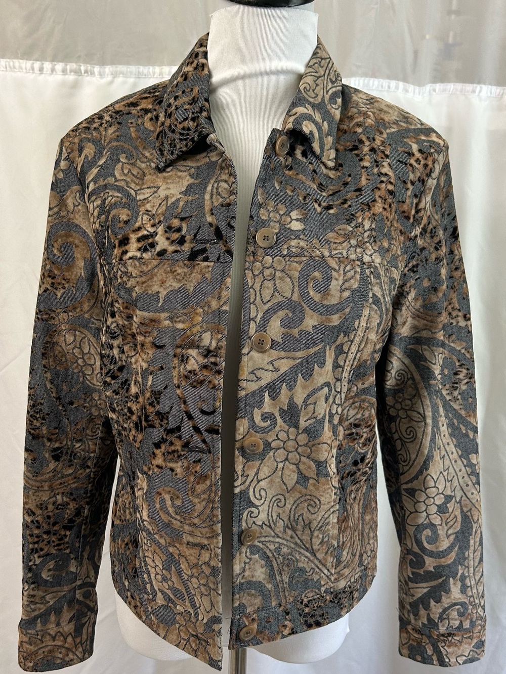Vintage Olsen Europe Patterned Brown & Gray Patina Velvet Jean Jacket Size 6